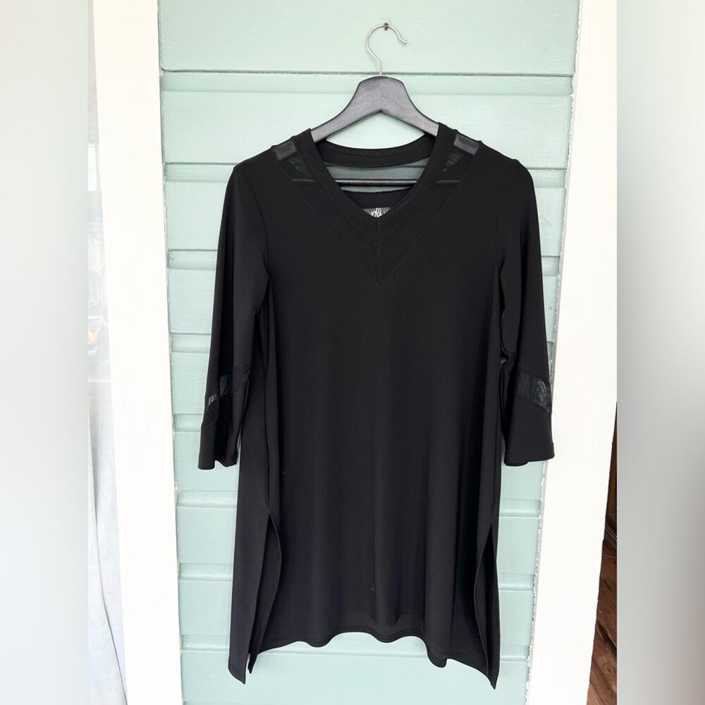 Sympli jersey knit black tunic top mesh collar sleeve detail lagenlook minimal